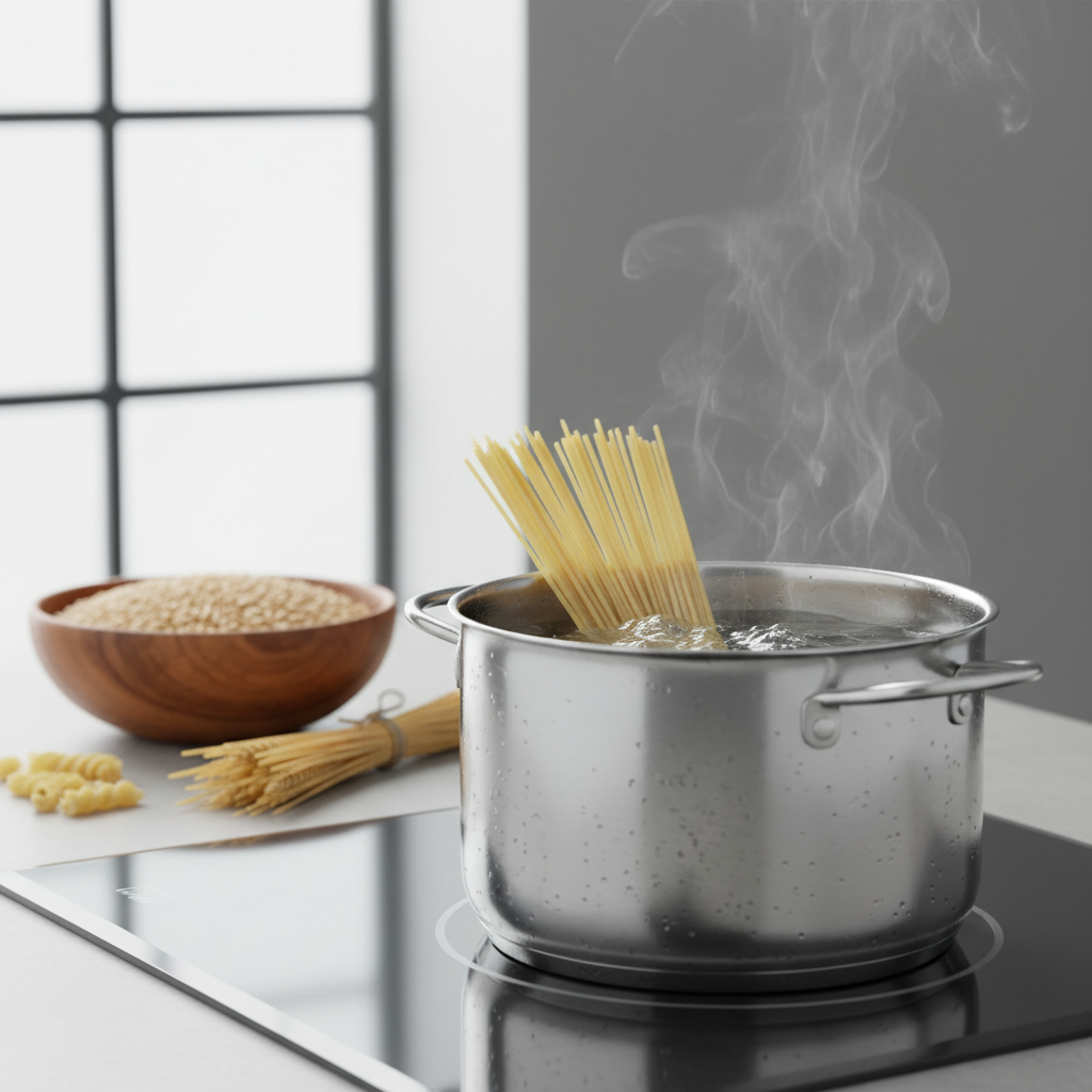 Inside a minimalist contemporary kitchen, a gleaming stainless steel pot with a subtle brushed finish sits on an induction cooktop, its surface beaded with tiny drops of condensation. Thin spaghetti made from durum wheat arches into the pot, half submerged in gently swirling boiling water. Wisps of steam rise in soft, curling trails, catching the cool daylight pouring through a large nearby window. In the background, a wooden bowl holds raw wheat grains and a bundle of uncooked pasta. Shot from a low, cinematic angle with the pot centered and background softly blurred. The mood is precise and modern yet grounded in tradition, with clean photographic realism and crisp, controlled lighting.