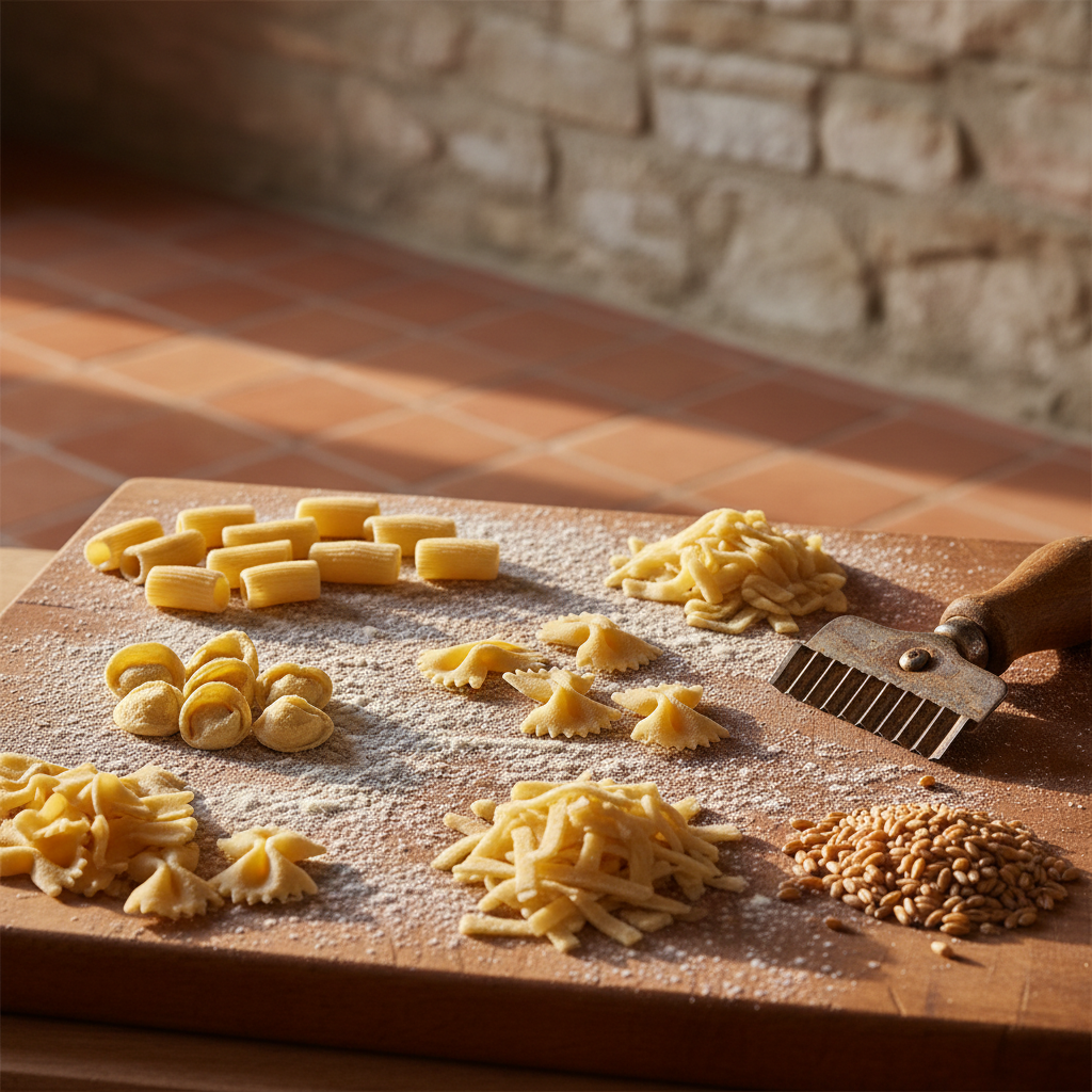 A richly detailed photographic close-up of a traditional wooden pasta board dusted with fine flour, covered in small handmade shapes that trace history: delicate orecchiette, ridged garganelli, intricate farfalle, and rustic hand-cut noodles. At the edge of the board lies an old fluted pasta cutter with a patina of age, next to a small mound of golden durum wheat grains. The setting suggests a timeless countryside kitchen, with softly blurred terracotta tiles and muted stone walls in the distance. Gentle golden hour light streams from the side, accentuating every ridge and crease in the dough. Captured from a slightly angled overhead perspective with shallow depth of field, the mood is reverent, artisanal, and quietly luxurious.