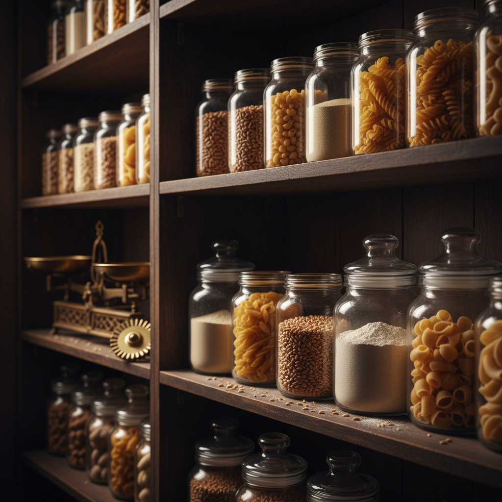A dimly lit, atmospheric pantry scene featuring shelves of neatly arranged glass jars filled with different wheat forms: whole berries, semolina, finely milled flour, and various shapes of dried pasta in muted golden tones. The jars have subtle reflections, and a few are slightly ajar with a sprinkle of grain on the dark wooden shelf below. A vintage scale and an old brass pasta wheel rest nearby as quiet historical references. Warm, directional side lighting creates dramatic shadows and highlights, evoking an archival, museum-like feel. Photographic realism, shot at eye level with sharp focus on the foreground jars and a gentle falloff into softness, conveying a sophisticated sense of culinary history and preservation.