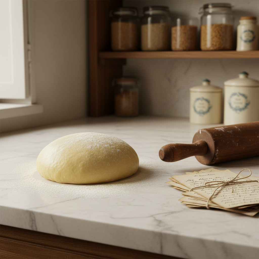 A close-up photographic scene of a marble countertop in a historic European-style kitchen, featuring a smooth, satiny ball of semolina pasta dough lightly dusted with flour, resting beside a well-worn wooden rolling pin and a stack of handwritten, timeworn recipe cards without legible text. In the background, blurred shelves hold glass jars of different wheat varieties and old ceramic canisters. Soft morning light streams through an unseen window, creating delicate highlights on the dough’s surface and faint shadows from the tools. Shot at eye level with a shallow depth of field, emphasizing texture and craftsmanship. The mood is nostalgic, refined, and quietly reverent toward culinary tradition, with photographic realism and a warm, muted palette.