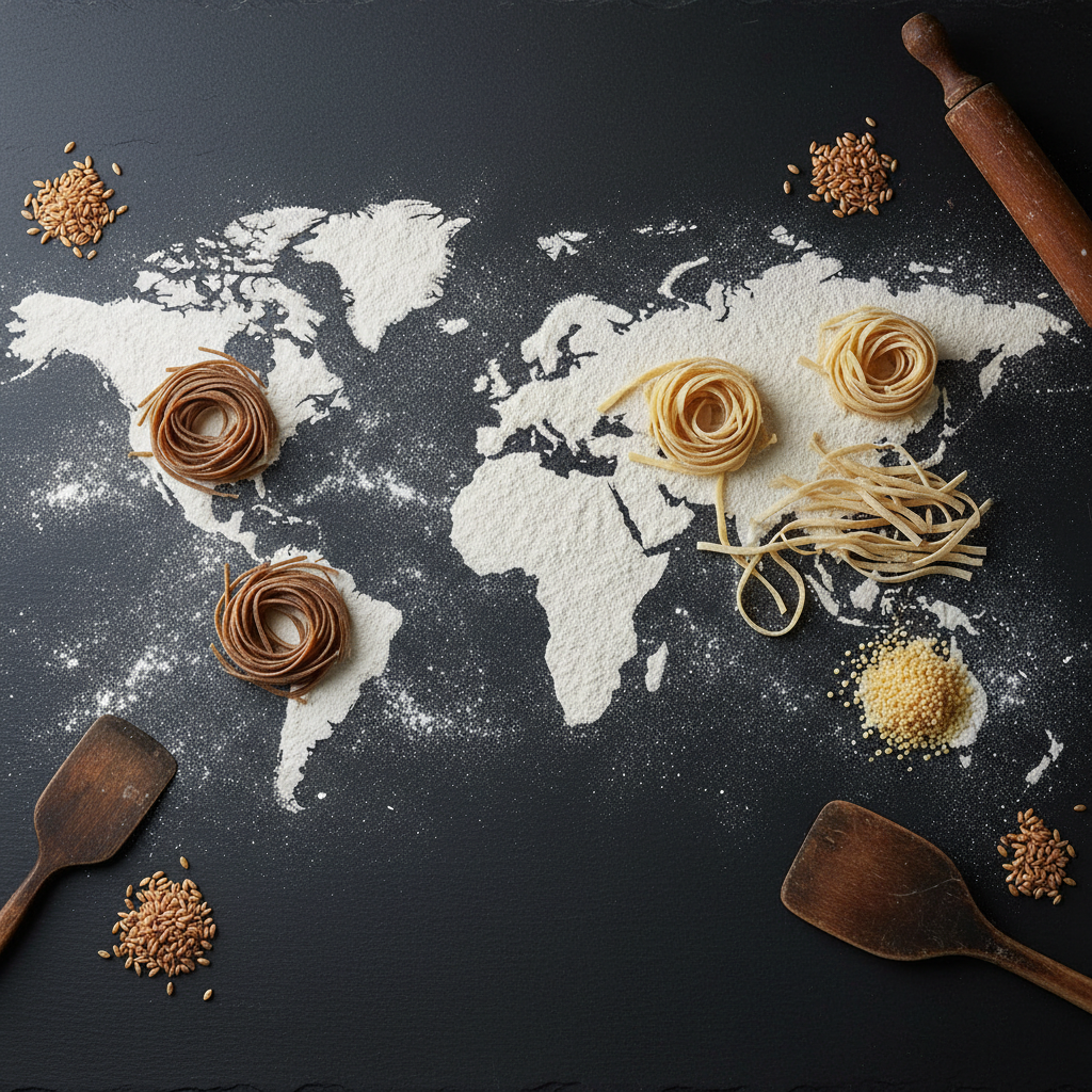 An elegant overhead photographic view of a world map subtly suggested by scattered flour on a dark slate surface, with different traditional wheat pastas marking regions: bronze-cut spaghetti near Italy, hand-pulled noodles by East Asia, tiny couscous pearls in North Africa, and thick wheat noodles for Eastern Europe. Small piles of raw wheat berries and a few ancient-looking wooden kitchen tools are arranged with deliberate precision. Soft, diffused studio lighting highlights the textures of flour, grain, and pasta without harsh shadows. The atmosphere is scholarly yet inviting, conveying global culinary history. The composition uses strong negative space and sharp focus throughout, in a clean, modern, sophisticated style.